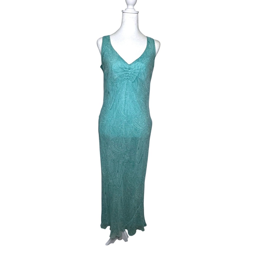 Vision Apparel Vintage Y2K Teal Paisley 100% Silk Sleeveless Midi Dress Size 10